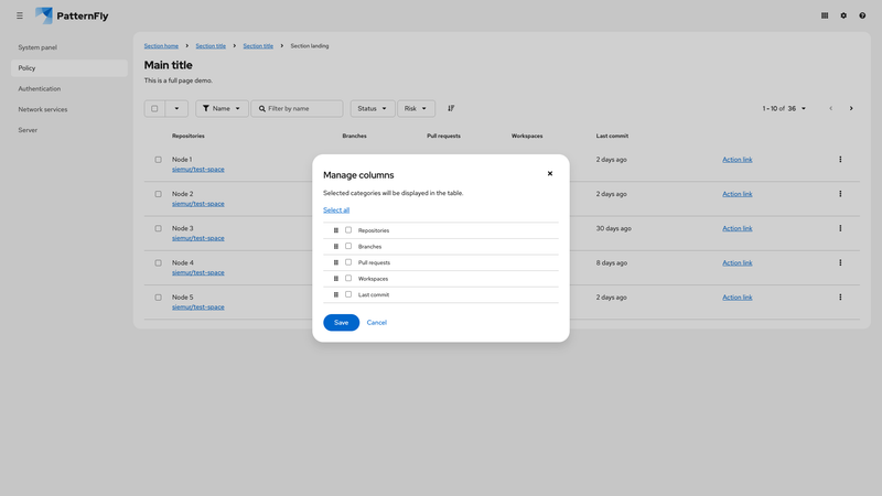 Column management modal screenshot